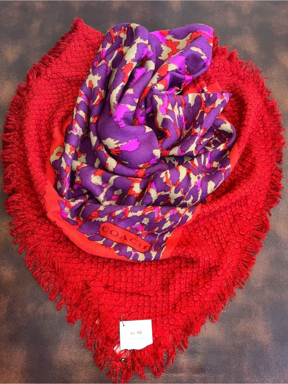 Coach Ocelot Animal Print Square Shawl Scarf NWT Accessory Purple Red 52”X 52”